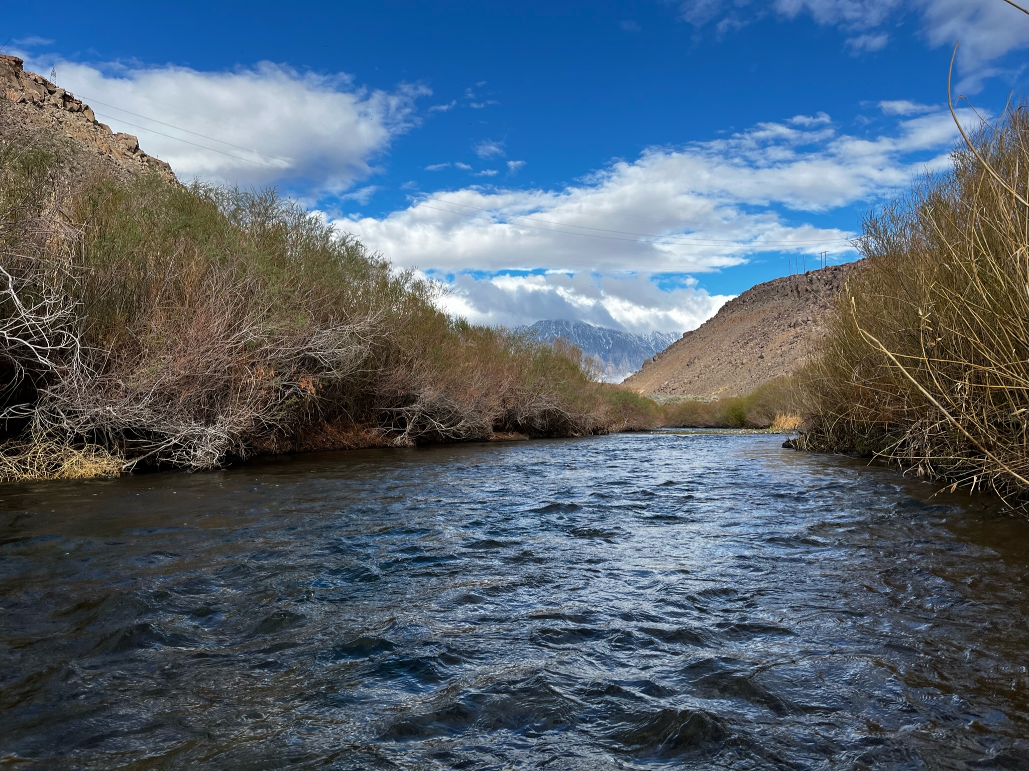 A serene river flows between banks lined with dry vegetation and low bushes. The water appears clear and calm under a bright blue sky dotted with white clouds. Distant mountains, popular among overland campers, rise in the background, partially covered in snow and adding to the scenic landscape.