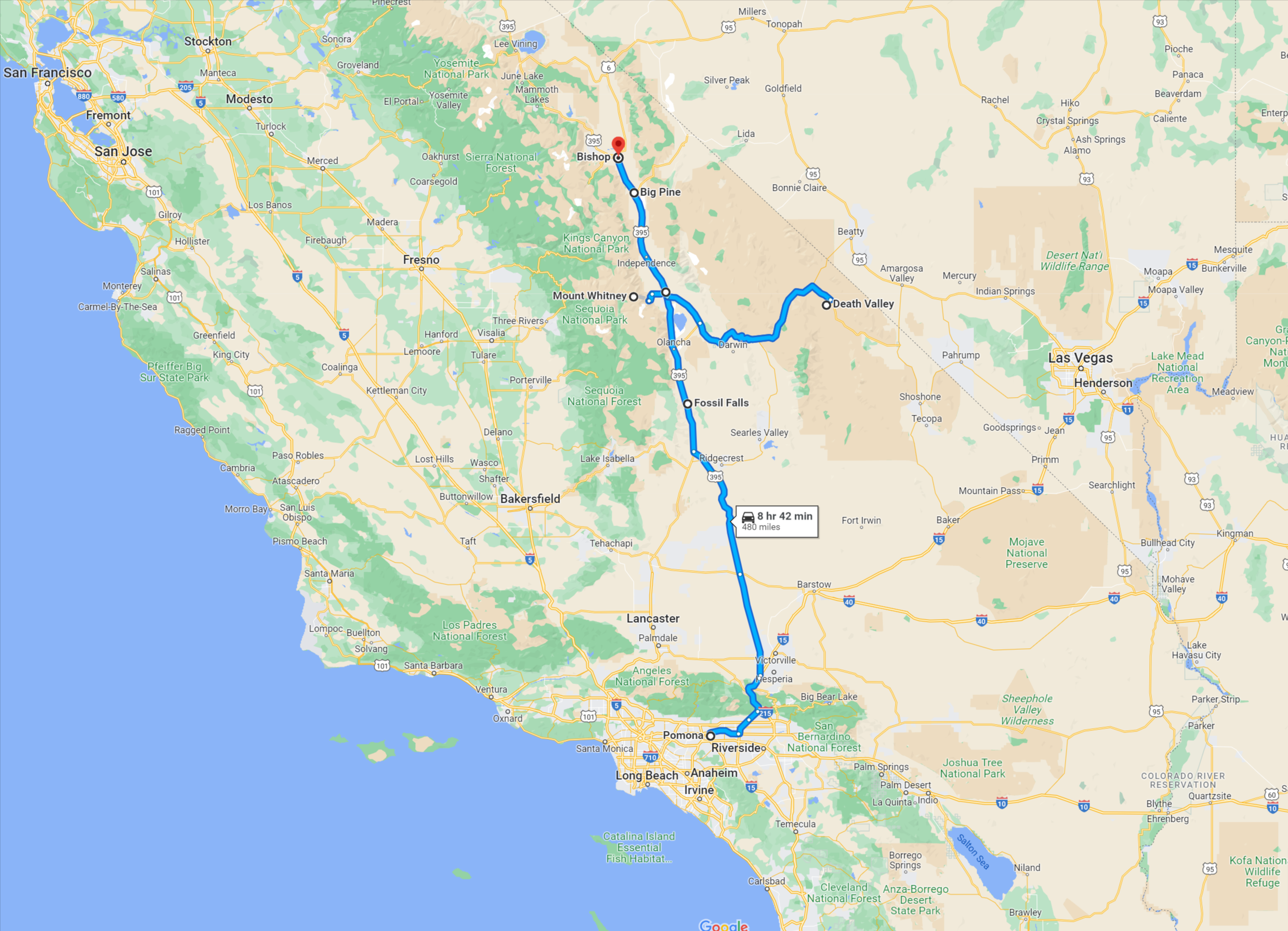 Map showing an overland driving route from Long Beach, California, to Coso Junction, California. The 197-mile journey takes about 4 hours and 49 minutes, passing through Los Angeles, the northeast outskirts of Bakersfield, and into the Mojave Desert region—a perfect trek for adventurous campers.