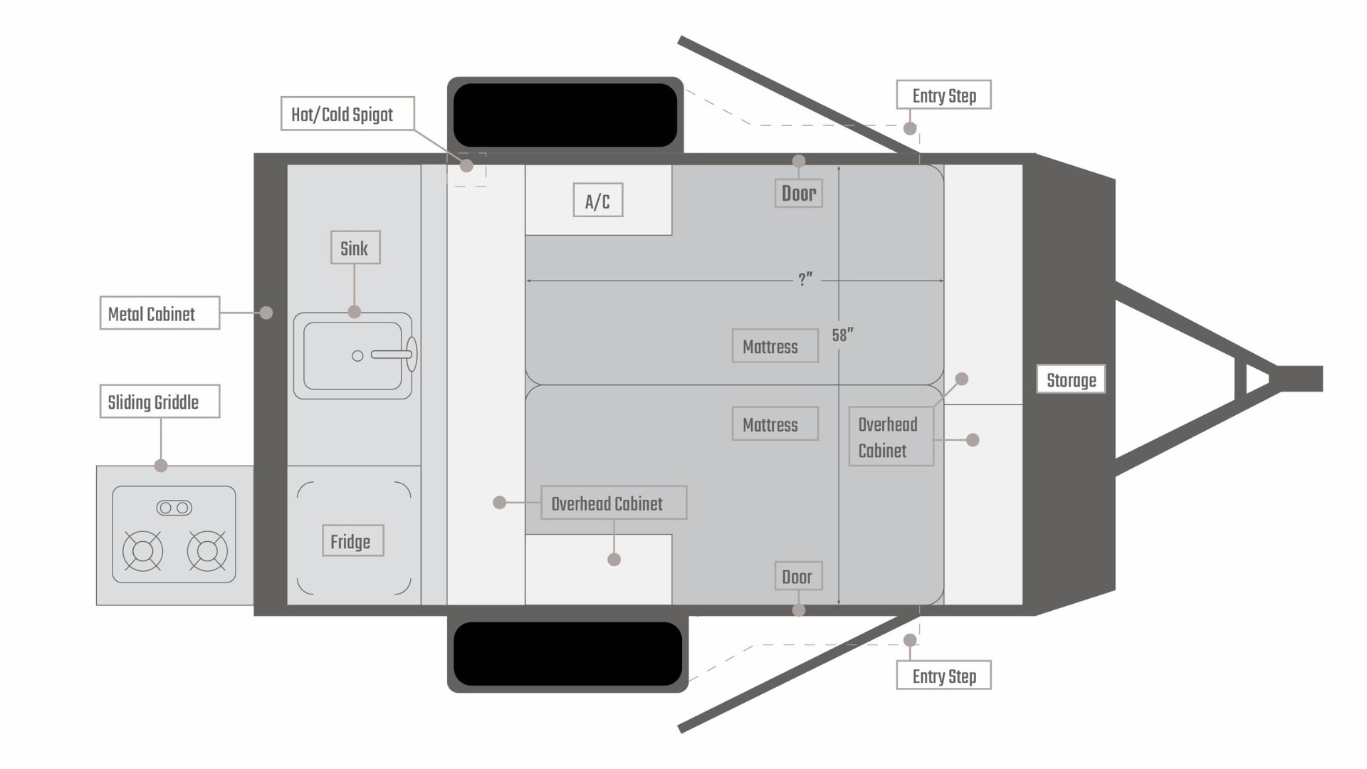 Floor plan of a camper with labeled features: two entry steps, a queen mattress on the left, sink and metal cabinet nearby, sliding griddle, fridge, A/C, twin mattress, overhead cabinets, and storage areas.